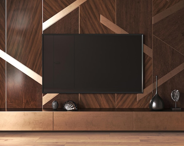 Foto klassieke dure luxe donkerbruine tv muur mock-up met commode en houten panelen met goud moderne