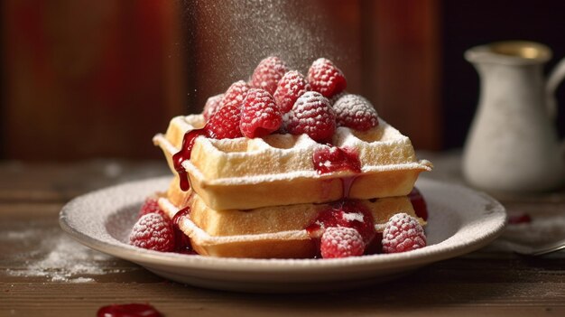 Foto klassieke en gouden belgische wafel met jam bessen en suiker generative ai