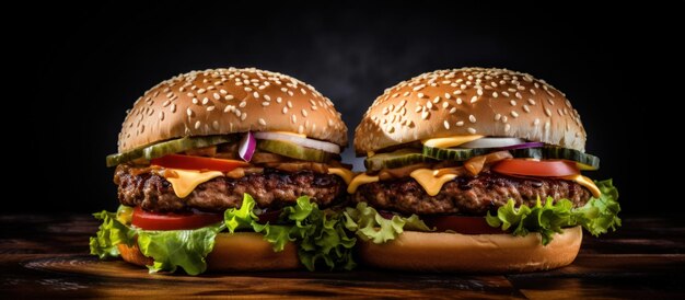 Klassieke fastfood twee hamburgers op houten plank geïsoleerd in donkere achtergrond Genereren AI beeld