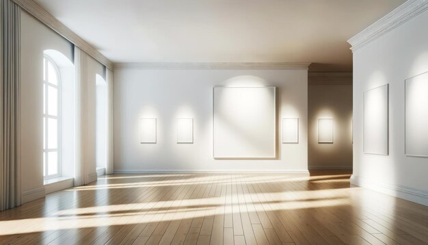 Foto klassieke galerijkamer met natuurlijke verlichting op witte posterframes generatieve ai