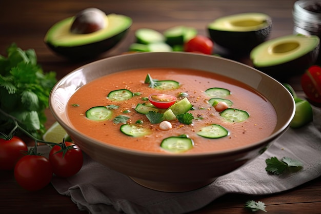 Klassieke gazpacho met rijpe tomaten en komkommers gemaakt met generatieve ai