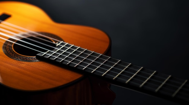 Klassieke gitaar close-up dramatisch verlicht op een zwarte achtergrond met kopieerruimte Generatieve Ai