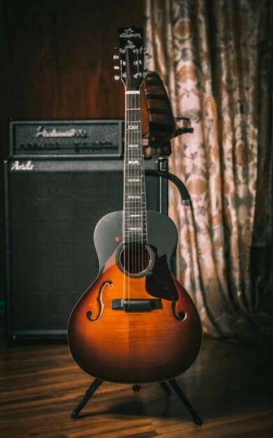 Foto klassieke gitaar close-up dramatisch verlicht op een zwarte achtergrond met kopieerruimte