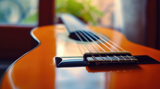 Klassieke gitaar rust op tafel met zachte daglicht sfeer