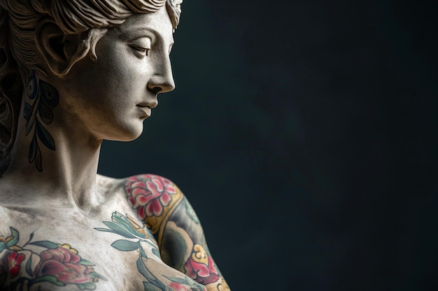 Klassieke Griekse godin sculptuur met moderne handgetekende kleurrijke tatoeages Zwaar getatoeëerde klassieke standbeeld moderne kunst concept tatoeage winkel promotie idee kopieer ruimte voor tekst