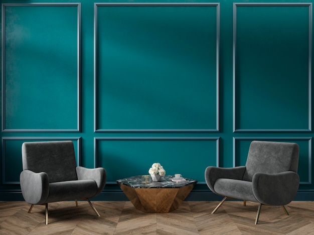 Klassieke groen blauwe turquoise interieur lege kamer met fauteuils salontafel bloemen lijstwerk en w