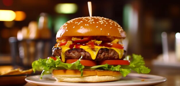Klassieke hamburger met gehakt vlees of kotelettomatenkaasuien bij een restaurant Gegenereerde AI