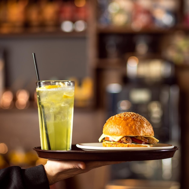 Klassieke hamburger met groene cocktail wazige achtergrond