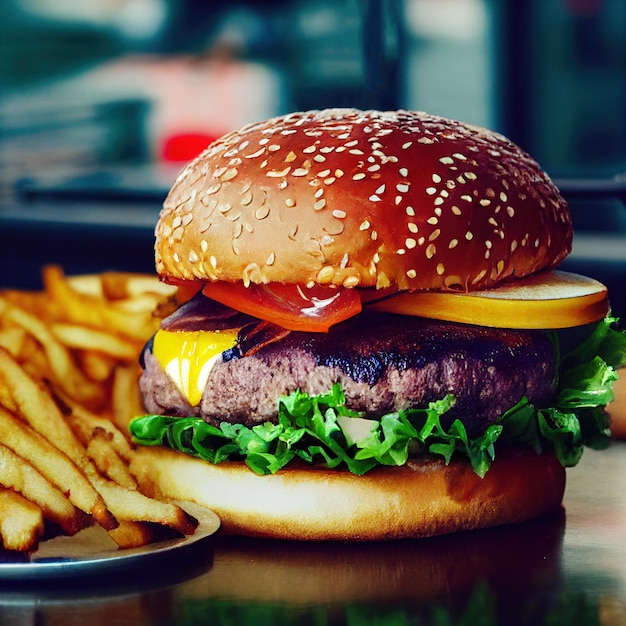 Klassieke hamburger met onscherpe achtergrond smakelijke hamburger of cheeseburger Amerikaanse snack fastfood