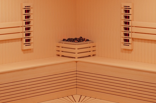 Klassieke houten infrarood Finse saunacabine in badkamer interieur extreme close-up. 3D-rendering