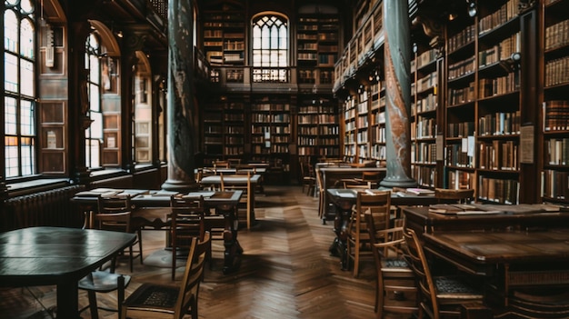 Klassieke huisbibliotheek met rijke houten boekenplanken vol met volumes kennis