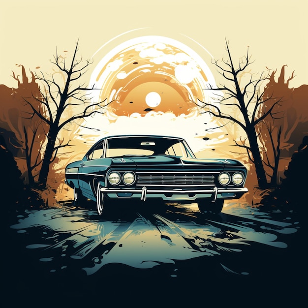 Klassieke Impala op een donkere nachtillustratie