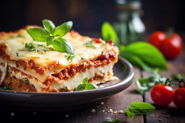 Klassieke Italiaanse lasagne met lagen pasta op een zwart bord op tafel op een donkere achtergrond.