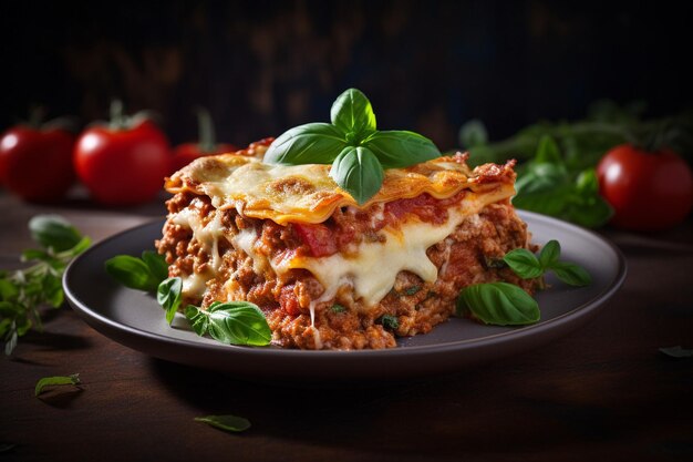 Klassieke Italiaanse lasagne met lagen pasta op een zwart bord op tafel op een donkere achtergrond.