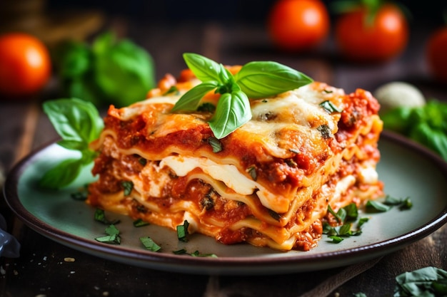 Klassieke Italiaanse lasagne met lagen pasta op een zwart bord op tafel op een donkere achtergrond.