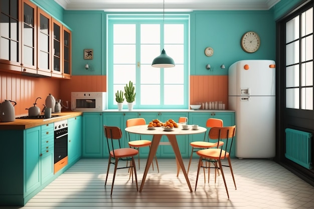 Klassieke keuken gezond ontbijt minimalistisch grijs en turquoise interieur illustratie