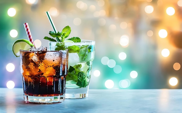 Klassieke koude cocktails rum en cola en mojito zachte focus foto met geringe scherptediepte