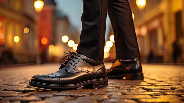 Klassieke leren schoenen voor mannen op de weg trottoir close-up concept business finance stijl