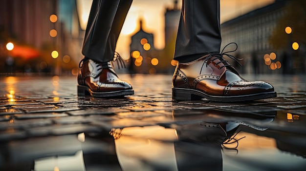 Foto klassieke leren schoenen voor mannen op de weg trottoir close-up concept business finance stijl