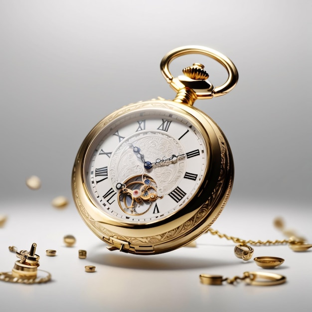 Klassieke luxe gouden zakhorloge effen achtergrond die de tijd weergeeft