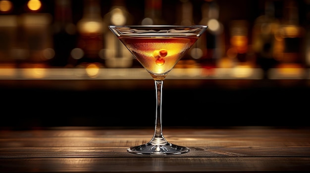 Klassieke Manhattan Cocktail met kersengarnish op de bar.
