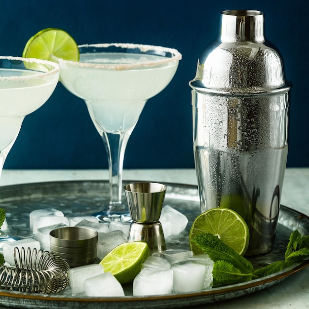 Klassieke margarita-cocktail op tafel met baraccessoires