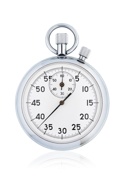 Klassieke metalen chroom mechanische analoge stopwatch geïsoleerd op een witte achtergrond