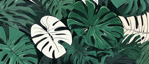Klassieke Monstera bladeren en bloemen achtergrond bladeren ontwerp behang illustratie Ultrawide 4k