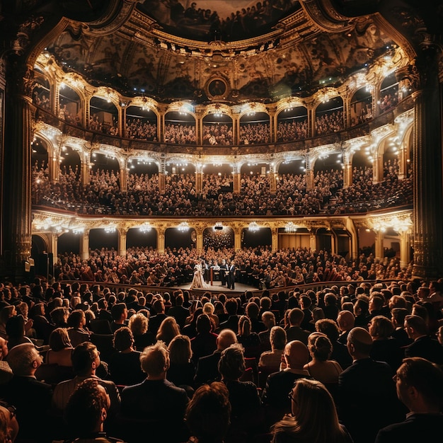 Klassieke muziekvoorstelling op het Operafestival van München met een grote menigte in het theater
