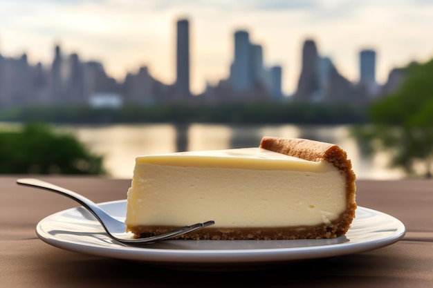 Foto klassieke new yorkse cheesecake op een bankje in het park