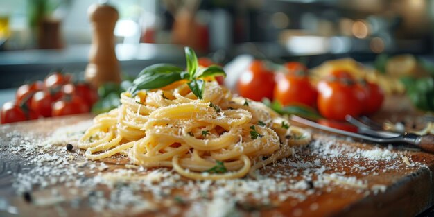 Klassieke pasta op de achtergrond van de keuken dieet en voedselconcept