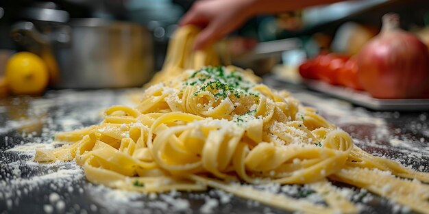 Klassieke pasta op de achtergrond van de keuken dieet en voedselconcept