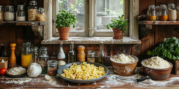 Foto klassieke pasta op de achtergrond van de keuken dieet en voedselconcept