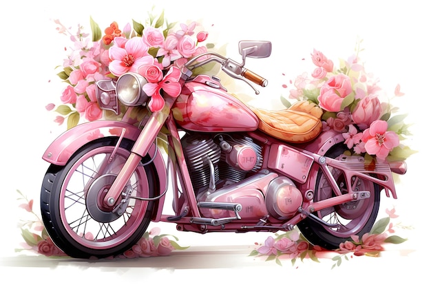 Klassieke roze motorfiets met een mand met felgekleurde bloemen Generatieve AI