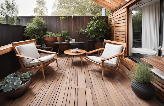 Foto klassieke scandinavische midden-eeuwse moderne houten en lederen stoelen scandinavische achtertuin terras