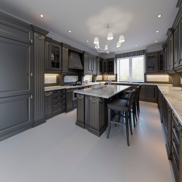 Klassieke stijl keuken en eetkamer interieur in zwarte en witte kleuren, 3D-rendering