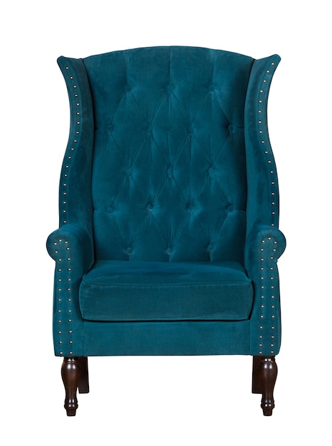 Klassieke textiel blauwe stoel die op wit wordt geïsoleerd
