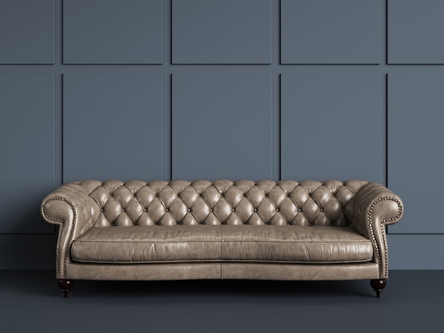 Klassieke tufted bank in lege ruimte met blauwe grijze muren. Minimaal concept