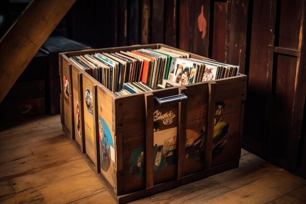 Klassieke vinyl platencollectie in een houten kist gemaakt met generatieve AI