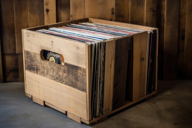 Klassieke vinyl platencollectie in een houten kist gemaakt met generatieve AI