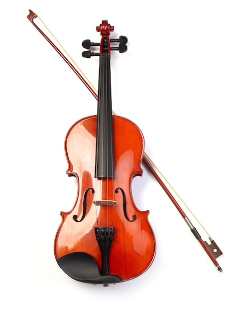 Klassieke viool en boog die op wit wordt geïsoleerd