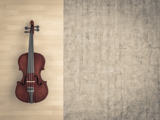 Klassieke viool op houten achtergrond en ruw cement.