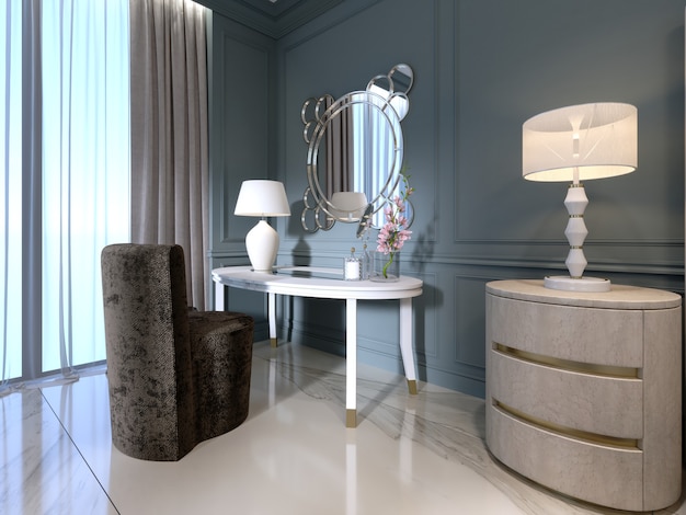 Klassieke witte kaptafel met een ronde spiegel en zachte stoel in de slaapkamer. 3D-rendering