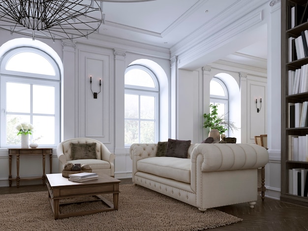 Klassieke woonkamer, lambrisering en plafondlijsten op een hardhouten vloer met visgraatmotief, ingericht met wit gestoffeerde banken en poef. 3D-rendering