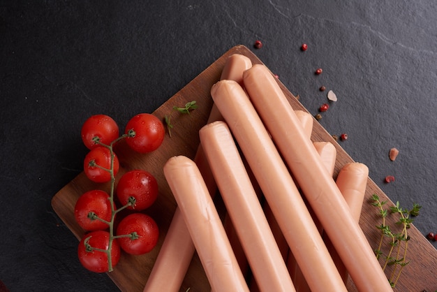 Klassieke worstjes van gekookt vleesvarkensvlees op snijplank met peper en basilicum, peterselie, tijm en kerstomaatjes.