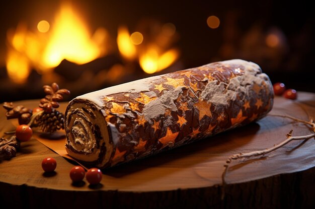 Klassieke Yule log een feestelijke traktatie kersttaart gerold en versierd voor een heerlijke viering