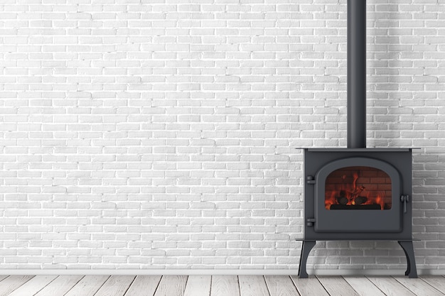 Klassieke Ðžpen Home-haardkachel met schoorsteenpijp en brandhout brandend in rode hete vlam voor bakstenen muur. 3D-rendering