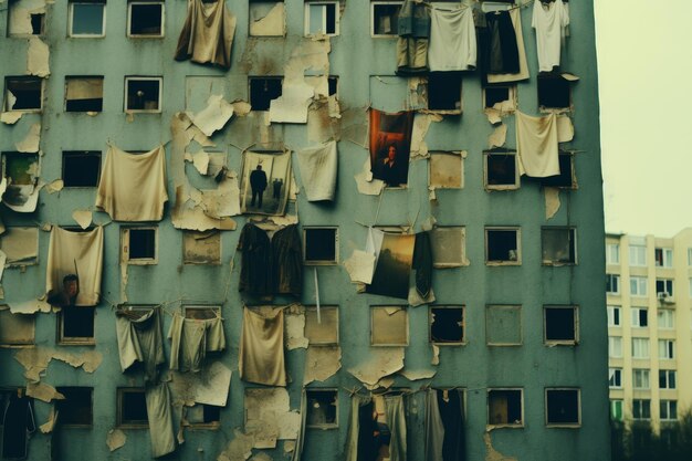 Foto kleding die aan de gevel van een gebouw hangt