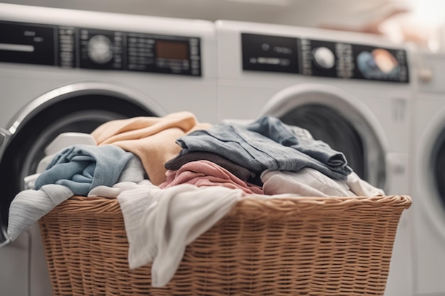 kleding in een mand op een wazige wasmachine achtergrond gedetailleerde mooie foto genomen