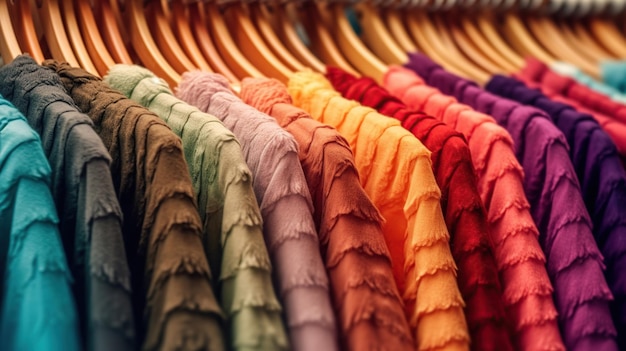 Kleding in regenboogkleuren op houten kleerhangers Generayive Ai